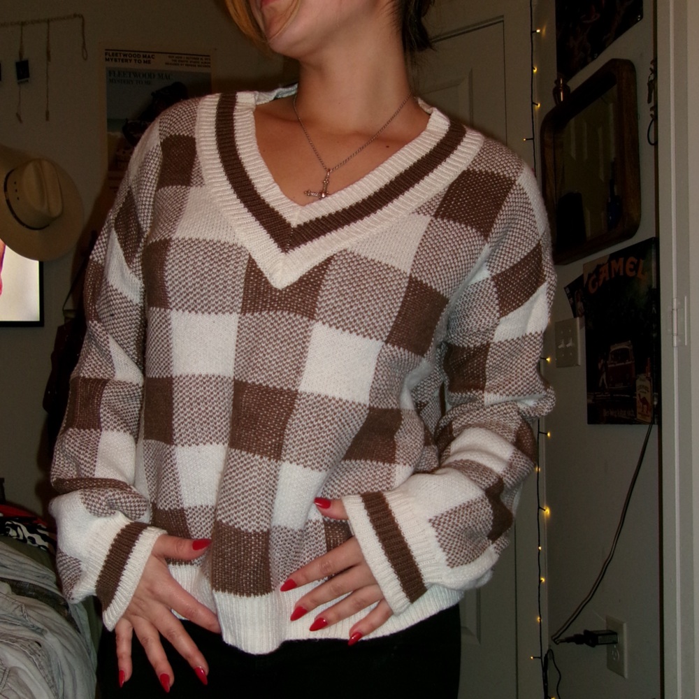 Brown Cream Checkered V-Neck Knit Sweater Oversized